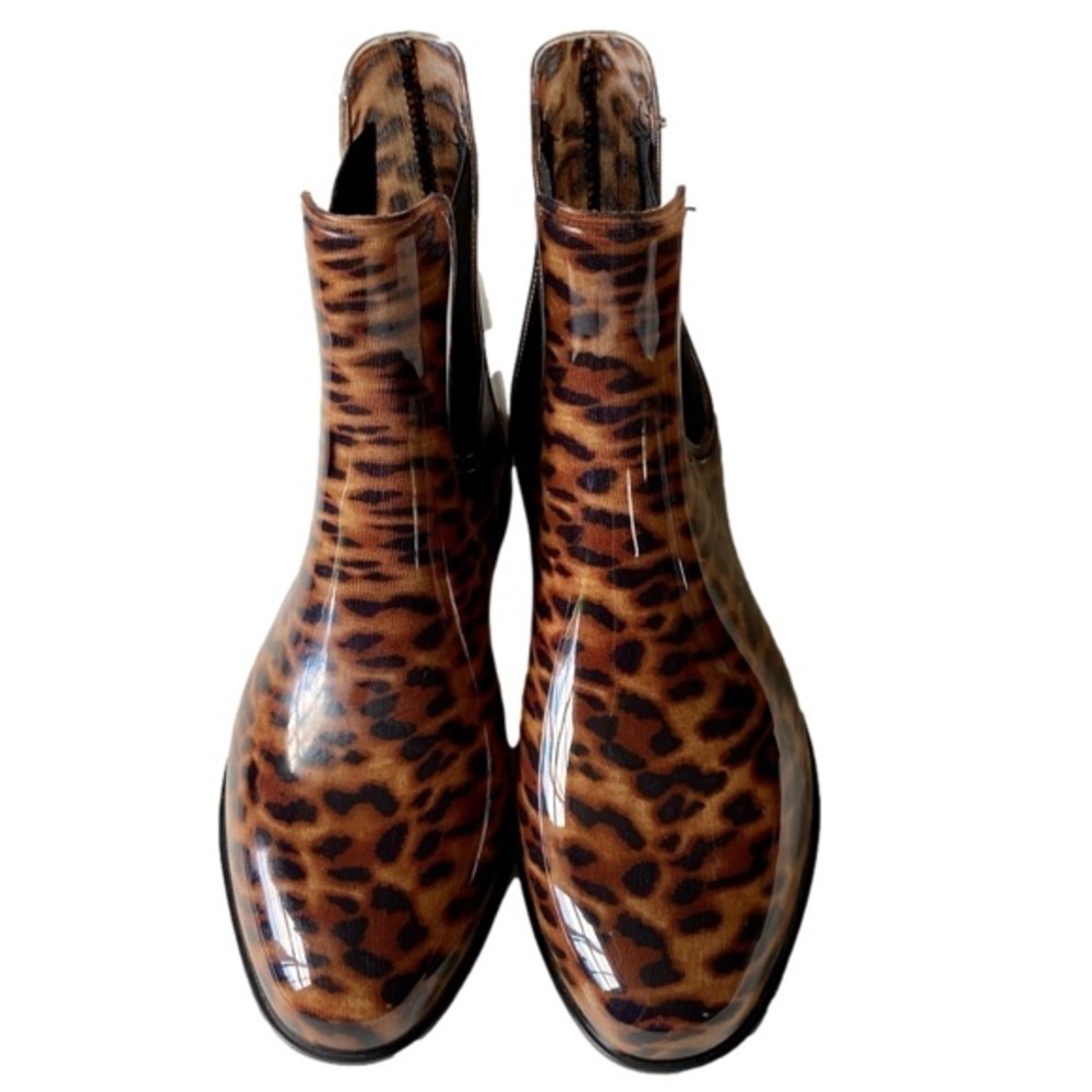 DUNES Stormy Chelsea Rain Booties Pull On Black Brown Leopard Women Size 8